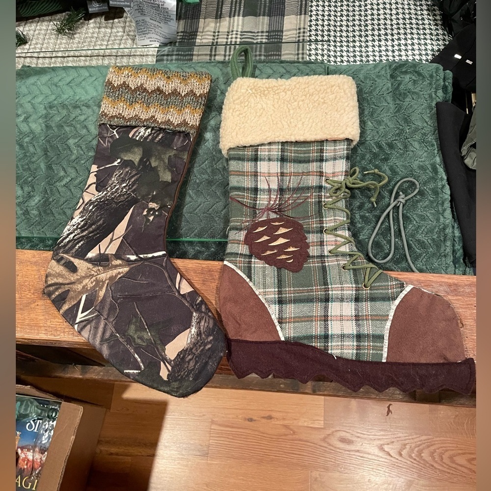 Two Christmas Stockings camo& one snow boot design excellent condition